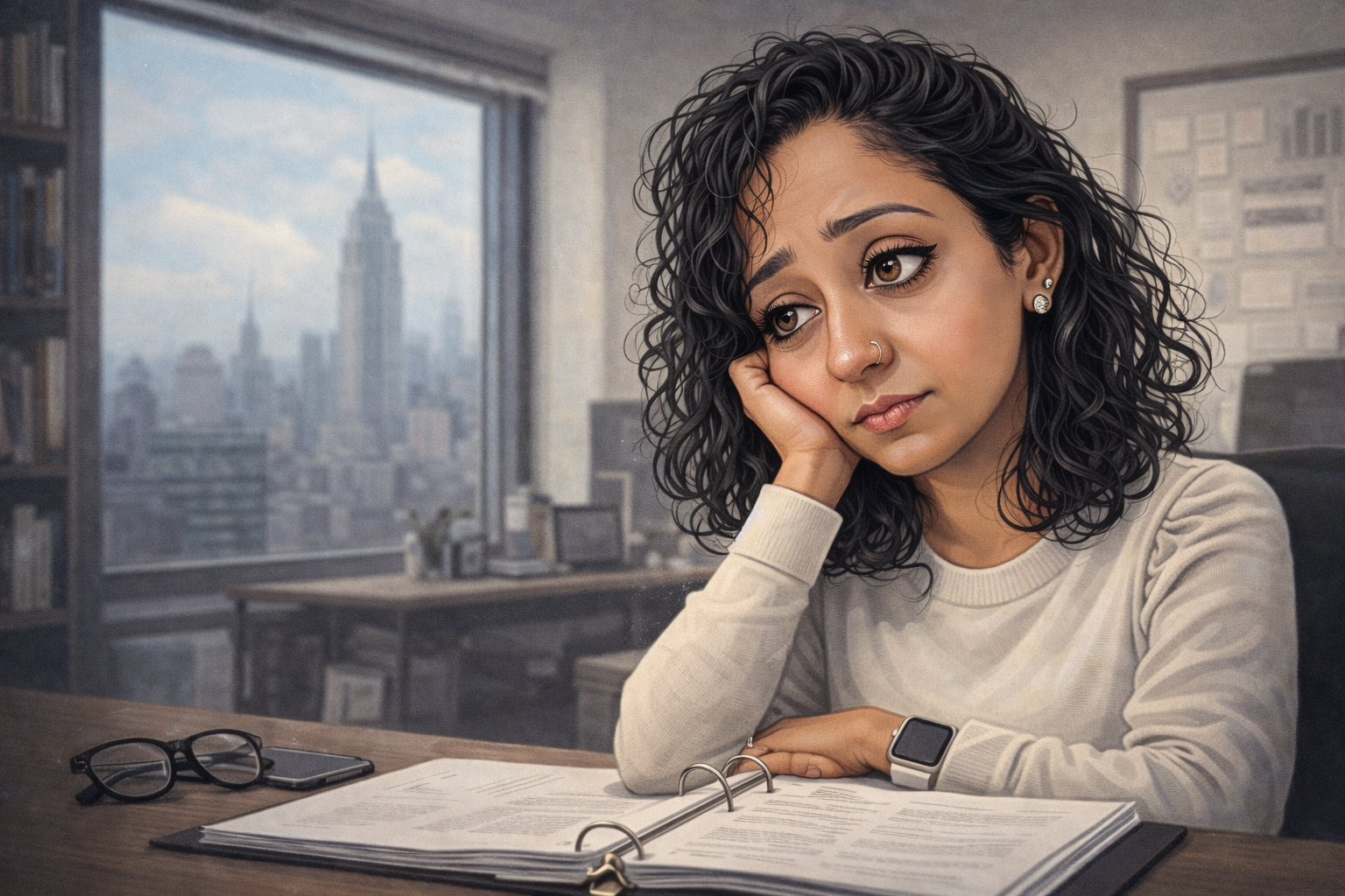 Caricature-style illustration of a senior professional woman seated at a desk in a New York City office, resting her chin on her hand while reviewing an open binder, conveying quiet self-doubt and imposter syndrome.