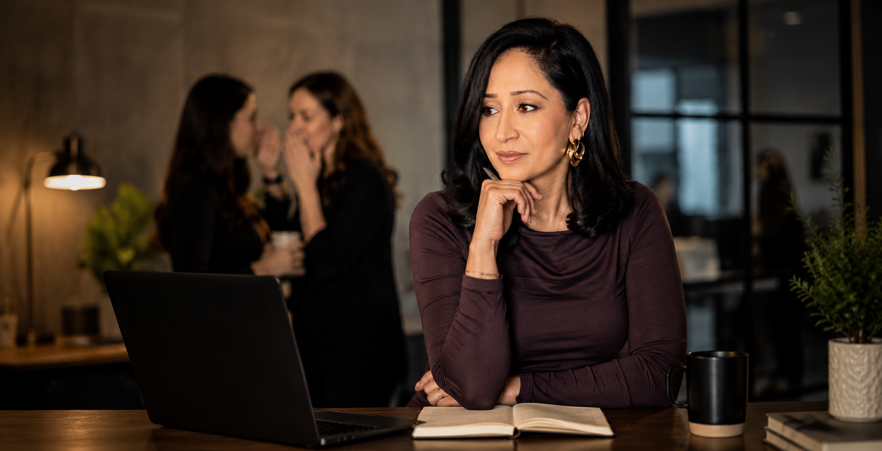 professional woman looking pensively at phone — navigating workplace gossip at work