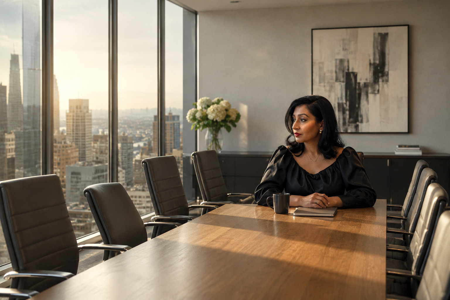 A South Asian executive sits alone at a large conference table in a bright Manhattan office overlooking the city skyline. Empty chairs surround the table, creating a quiet, reflective scene that symbolizes the relationships, mentorship, and career opportunities often built through proximity and shared workplace experiences.