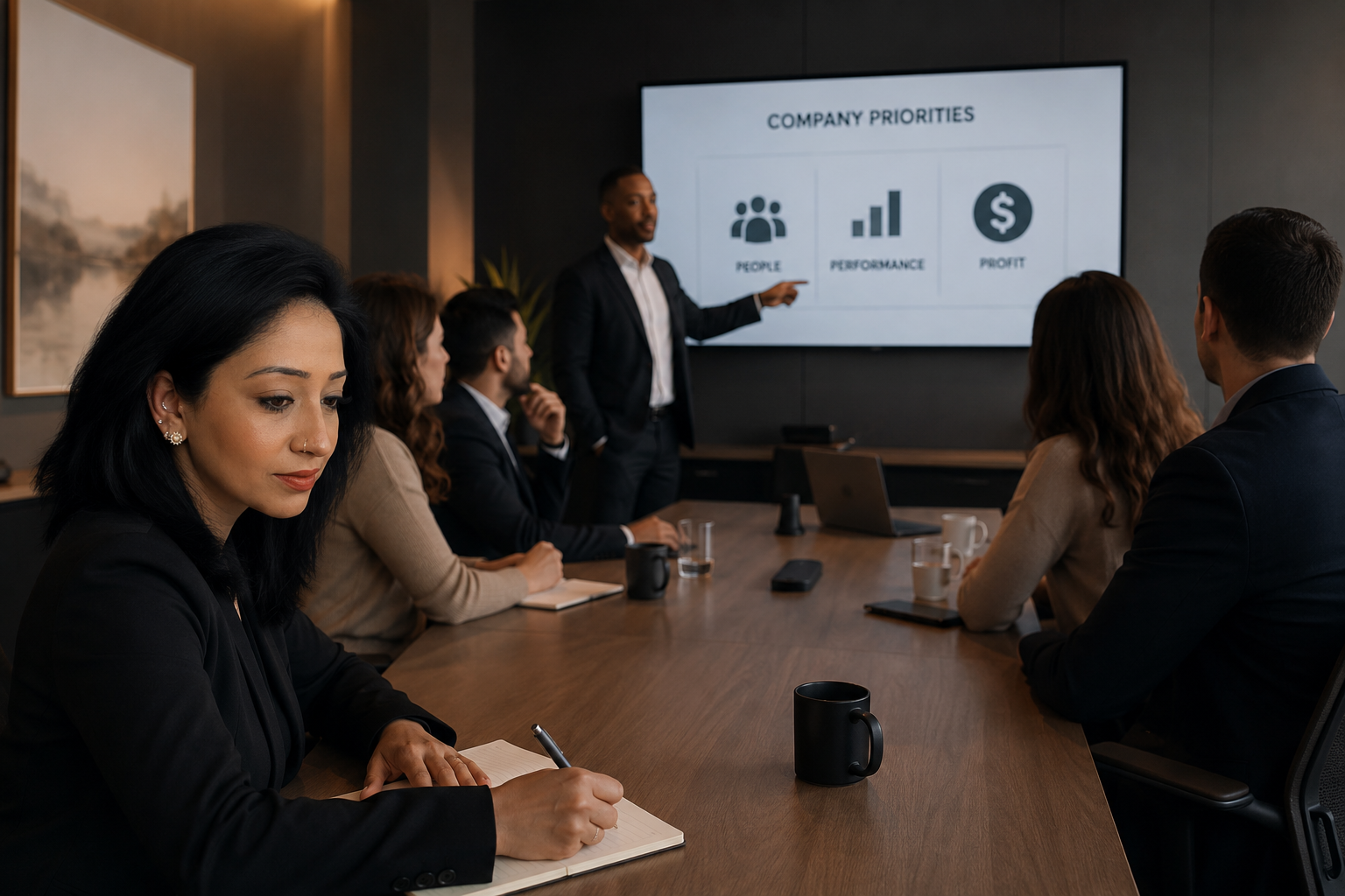 A professional conference room with employees gathered around a long table during a leadership presentation. A South Asian woman sits in the foreground taking notes while a presenter discusses company priorities on a screen. The scene highlights workplace culture, leadership influence, and organizational decision-making.