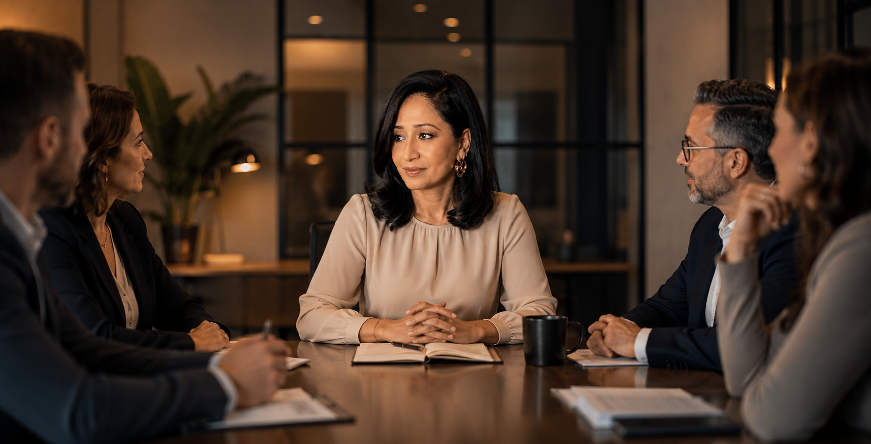 A South Asian female executive sits at the center of a conference table during a leadership meeting, surrounded by colleagues in a modern office boardroom. The image symbolizes leadership, organizational culture, decision-making, and executive accountability.